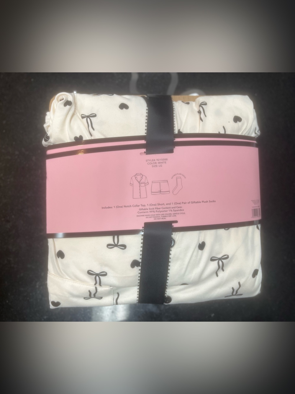 3-Piece Notch Collar Short PJ Set - Cream with Black Hearts & Bows - Picture 4 of 5